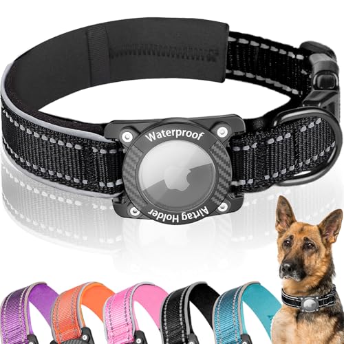 Black dog collar with reflective strip and multiple color options displayed below, featuring a German Shepherd.