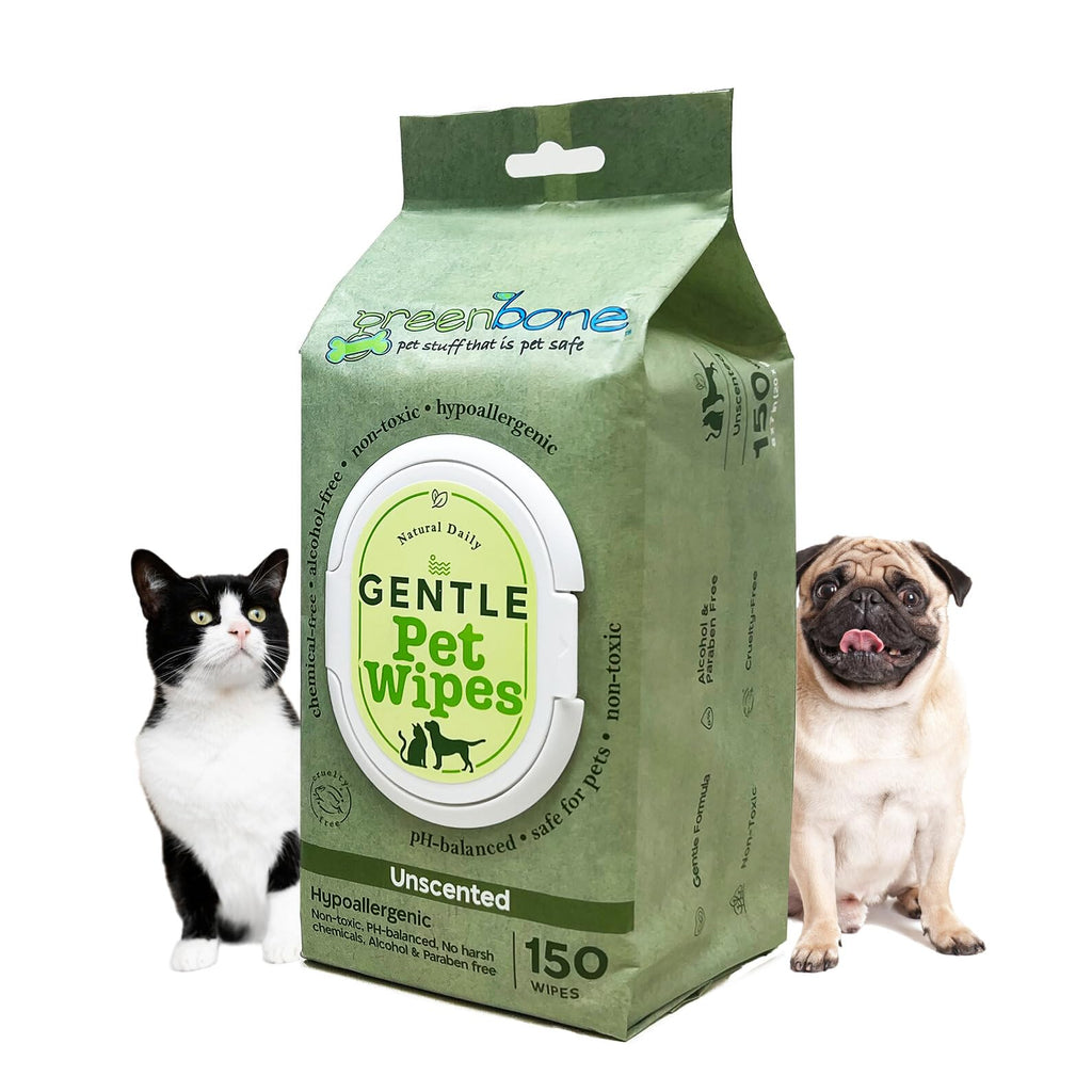 Greenbone Gentle Unscented Pet Wipes for Dogs & Cats — Hypoallergenic (150 Wipes, 8"x7")