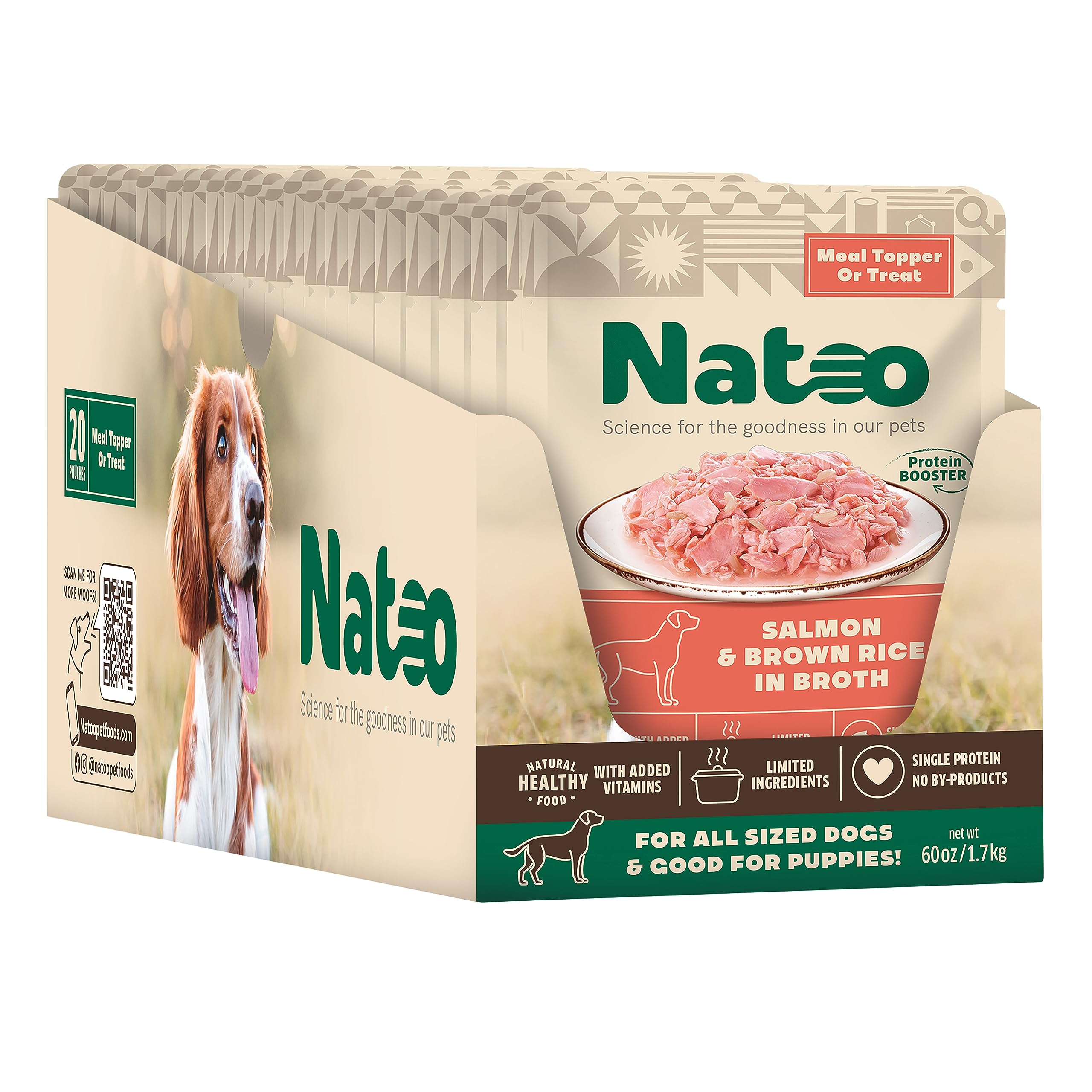 Nateo dog food packaging with a salmon and brown rice flavor on a white background