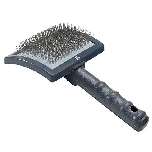 Pet grooming brush with a textured handle on a white background
