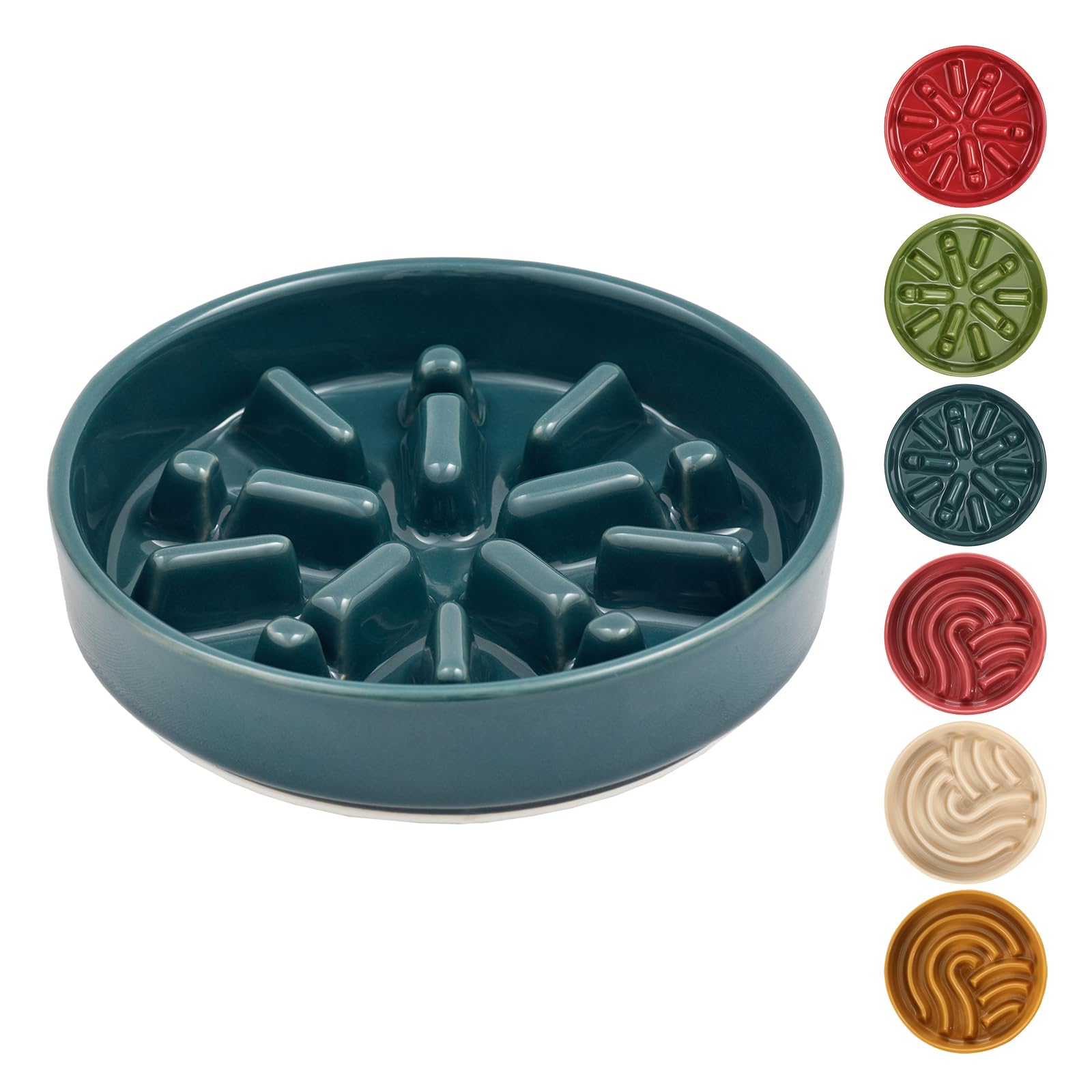 Teal slow feeder dog bowl with additional color options displayed on a white background