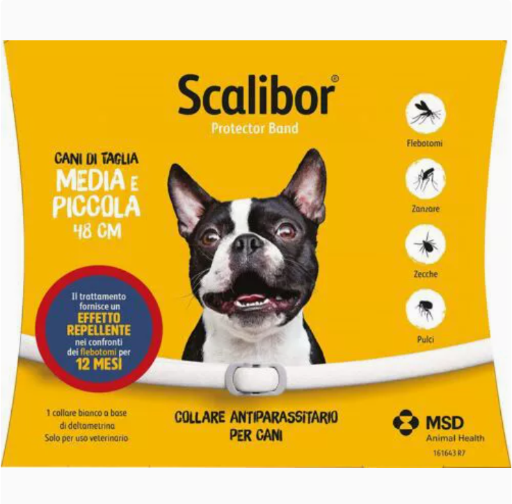 Scalibor dog collar packaging with a medium to small-sized dog on a yellow background