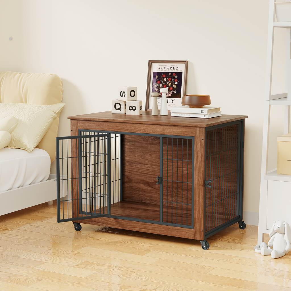 Wooden pet crate with metal bars in a bedroom setting