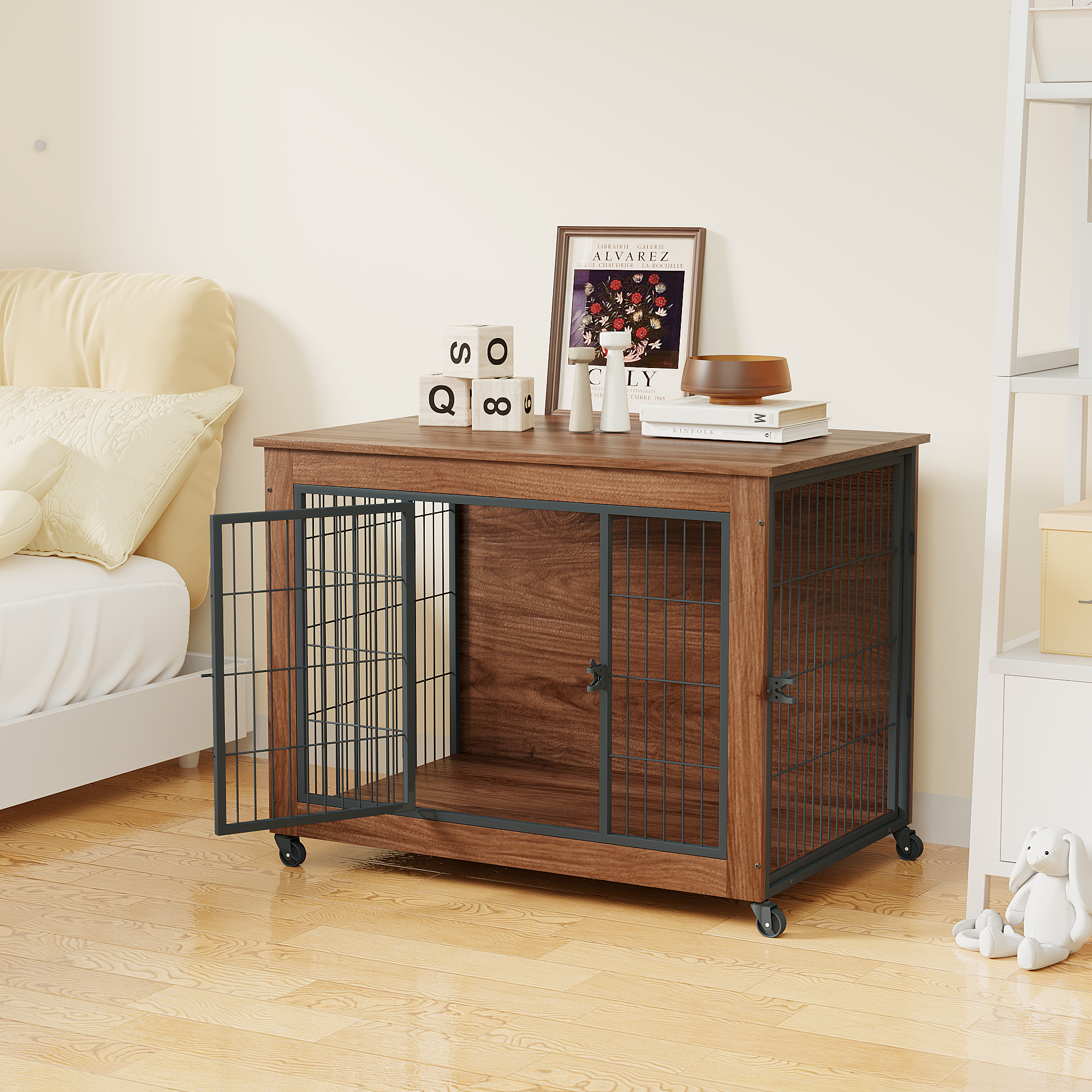 Wooden pet crate with metal bars in a bedroom setting