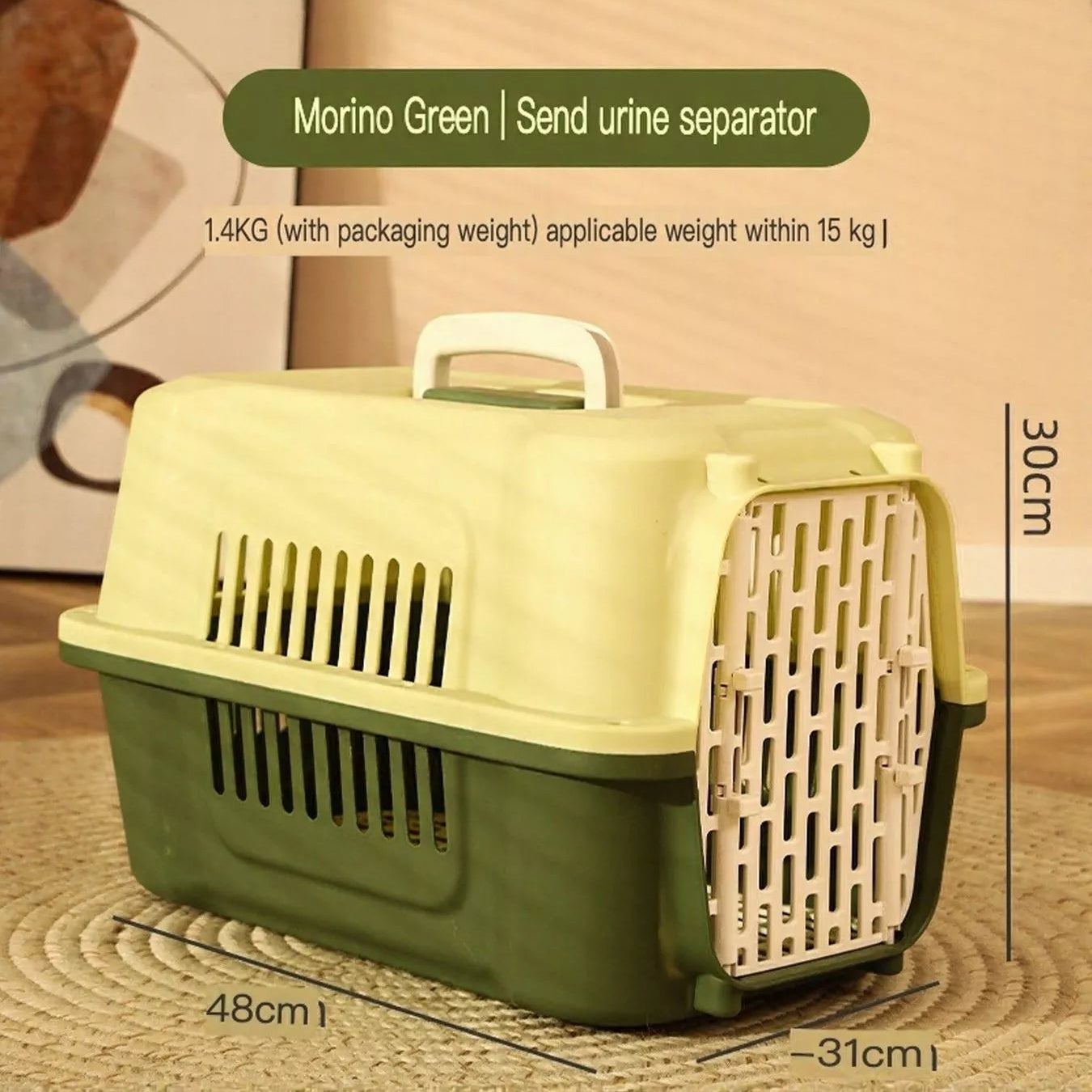 Green pet carrier with dimensions on a wooden surface