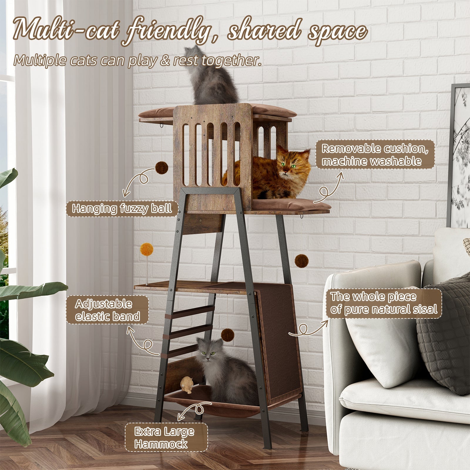 Modern Wooden Cat Tree – 58" Large Cat Tower