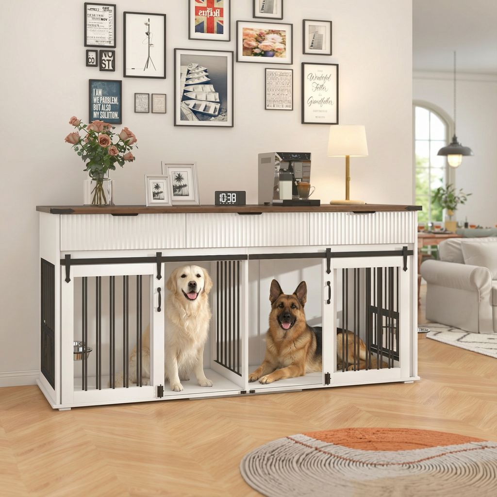 71" Double Dog Crate Furniture with Fluted Drawers, Feeders & Power Station