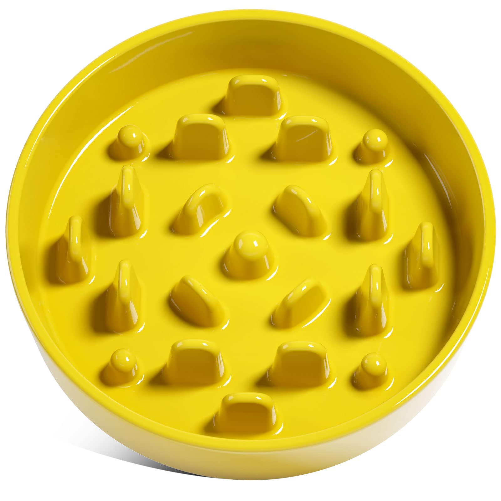 Yellow puzzle toy with raised bumps on a white background