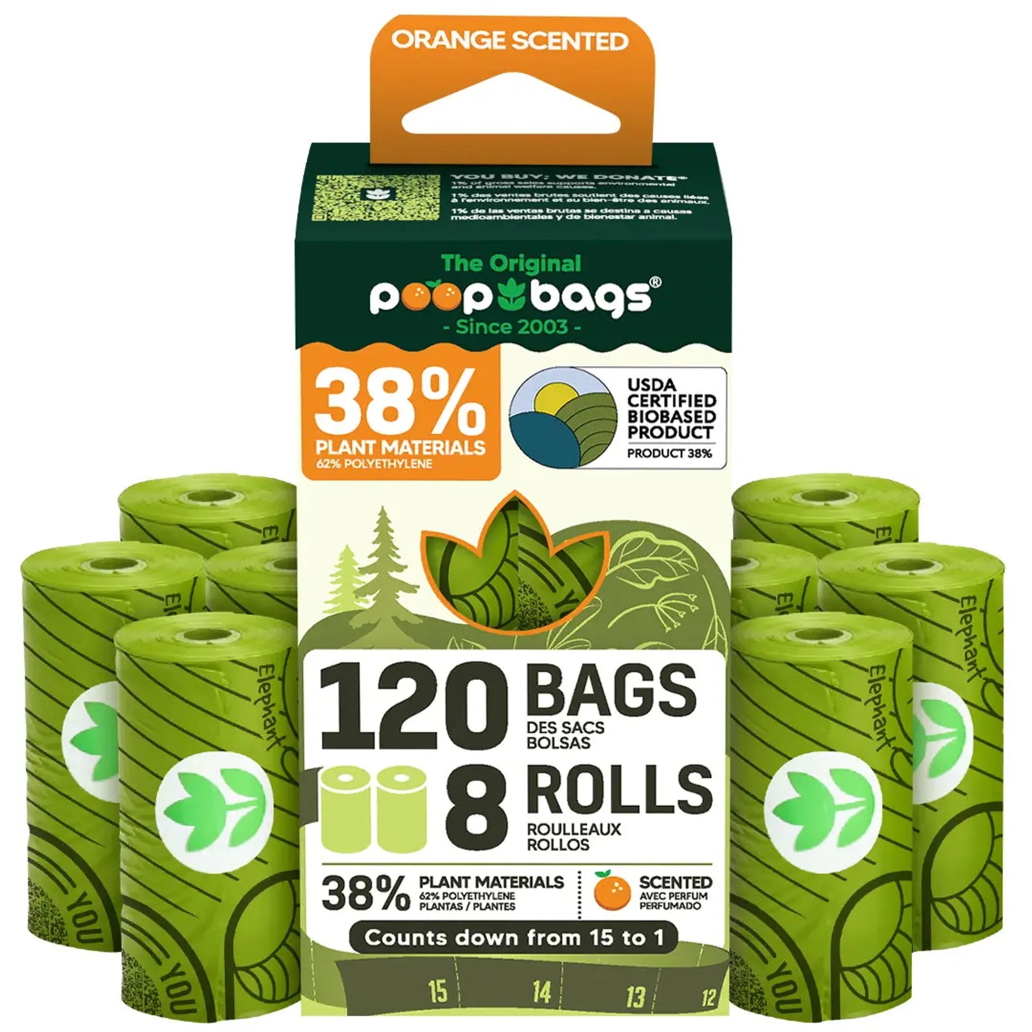 Packaging of 'The Original Poop Bags' with green bags and orange scent label on a white background