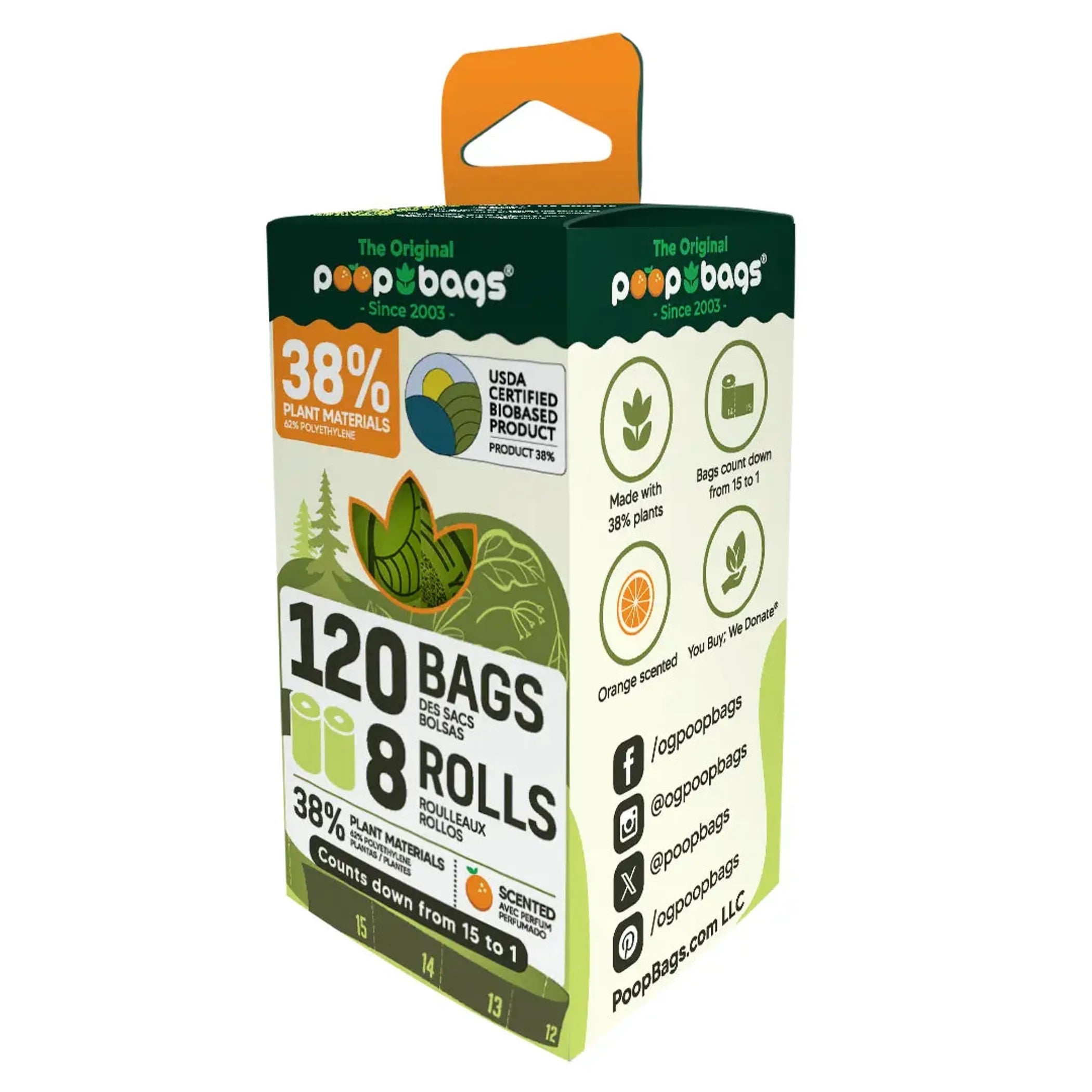 Box of poop bags with green and orange design on a white background