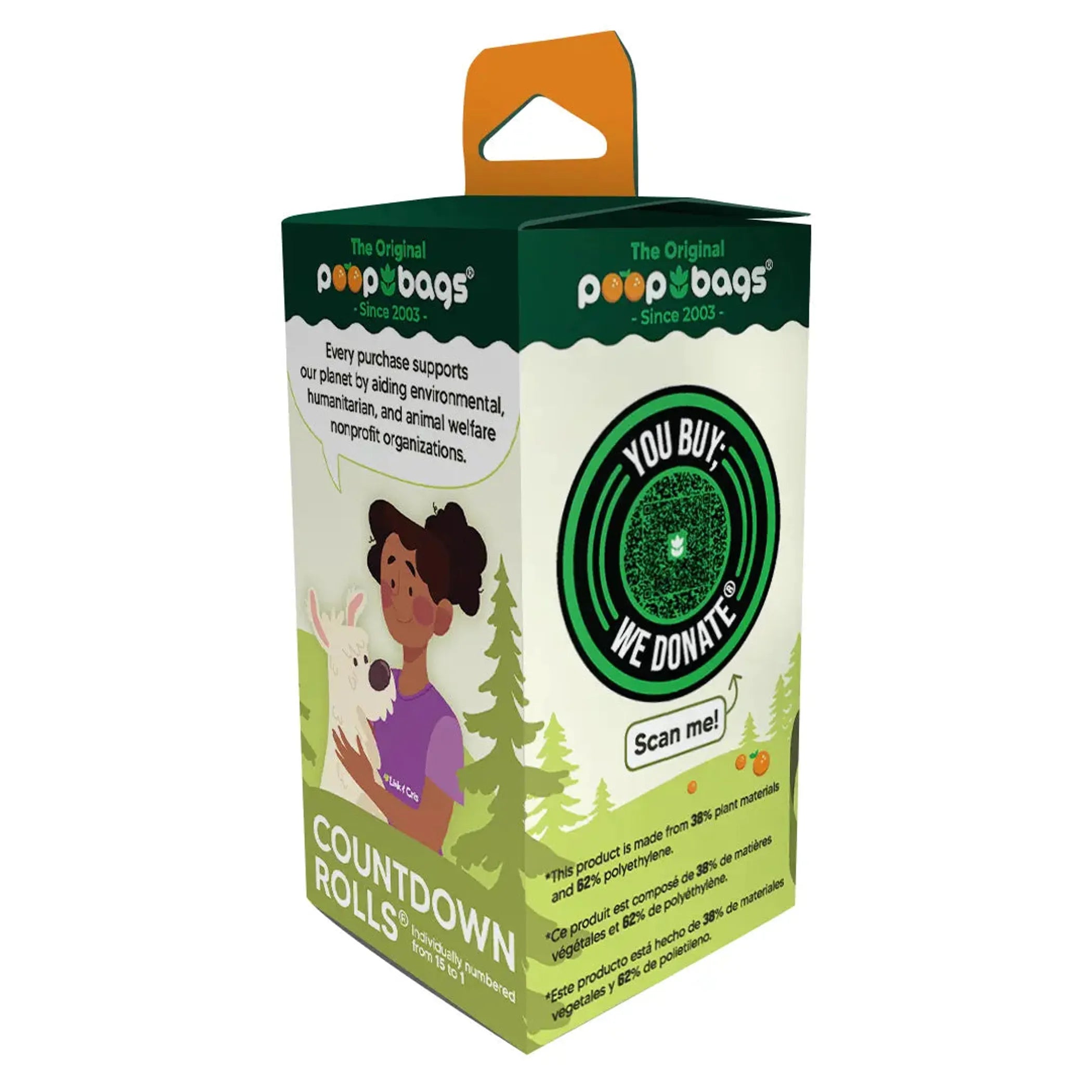 Box of dog waste bags with a child and dog illustration on a white background