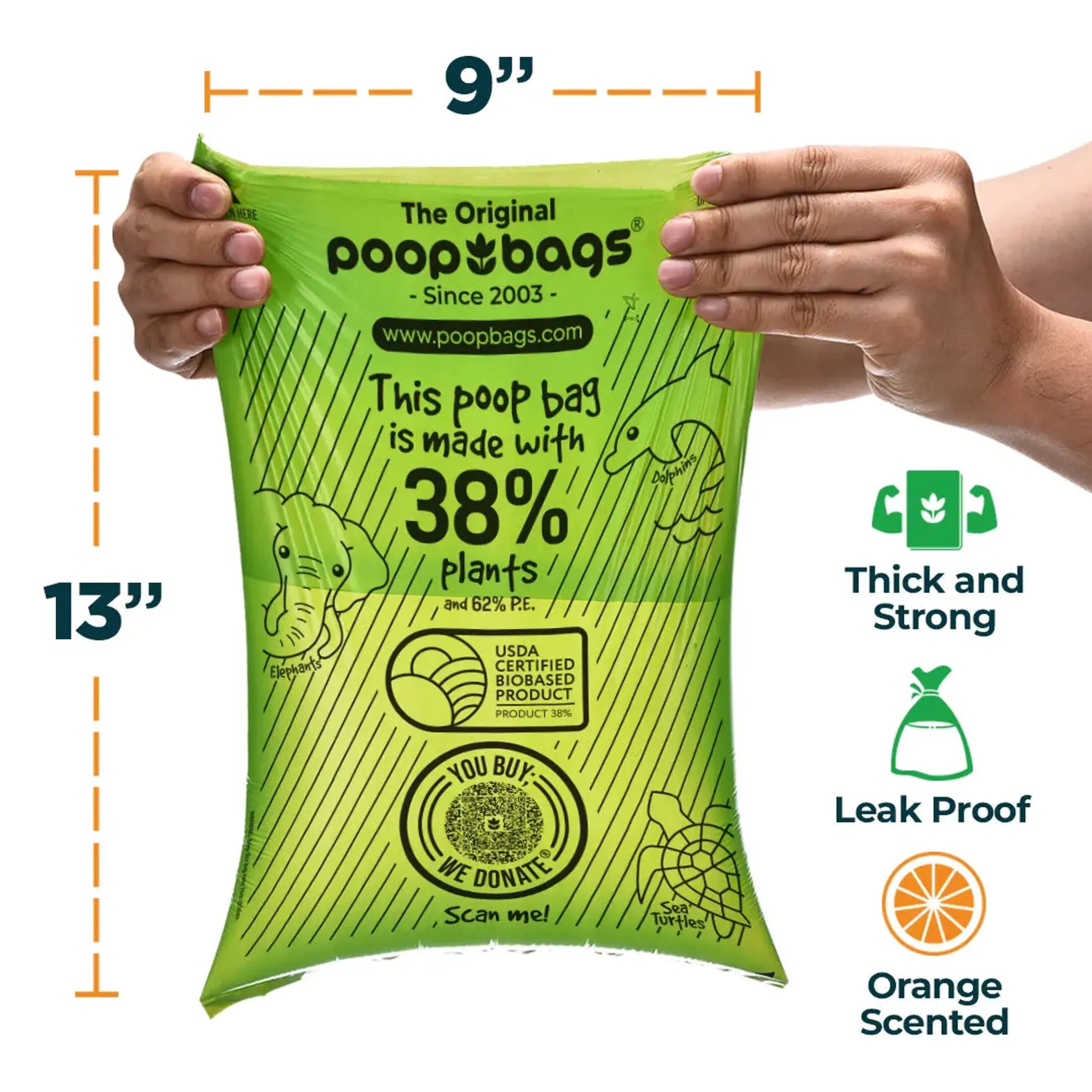 Green poop bag package held by hands with product features highlighted