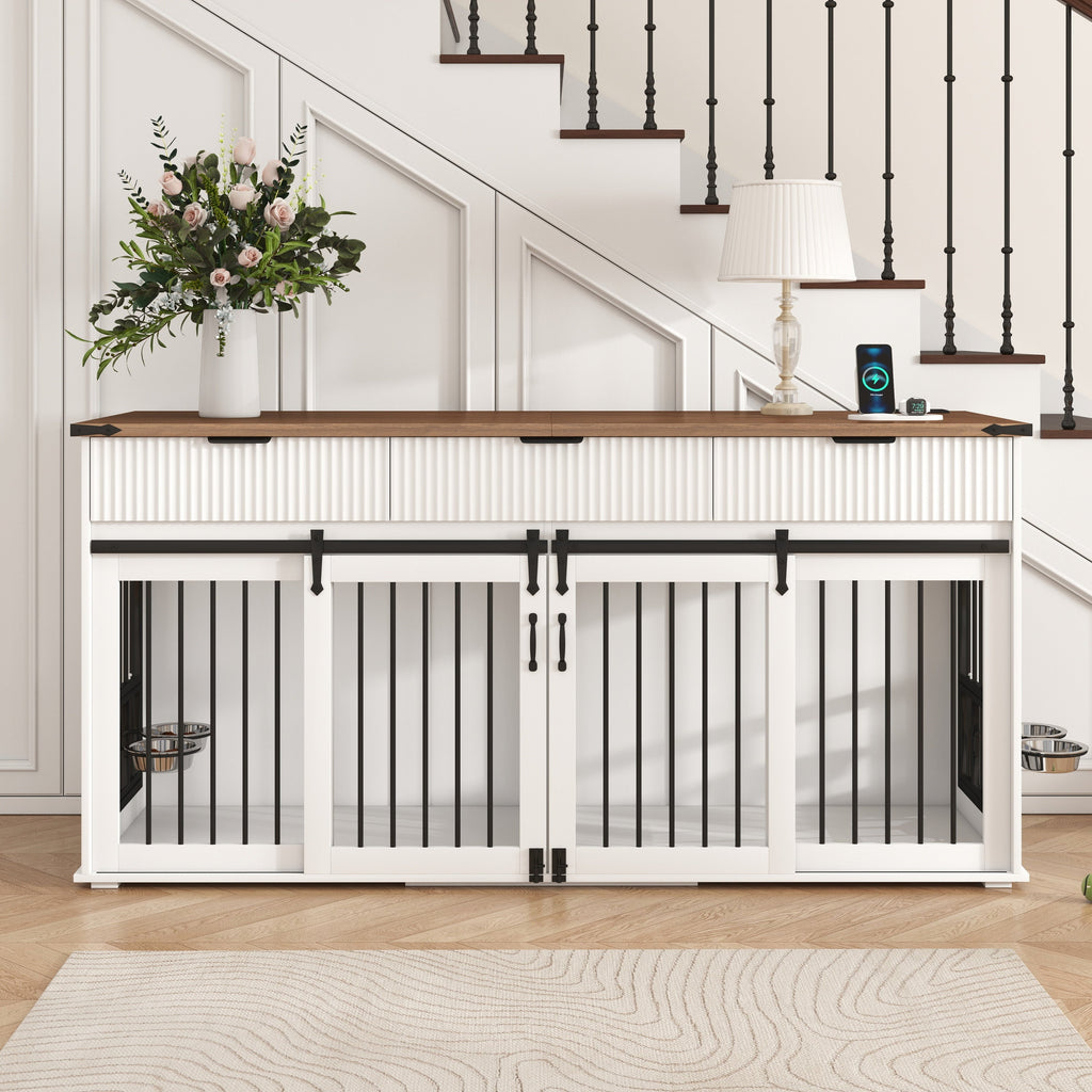 71" Double Dog Crate Furniture with Fluted Drawers, Feeders & Power Station