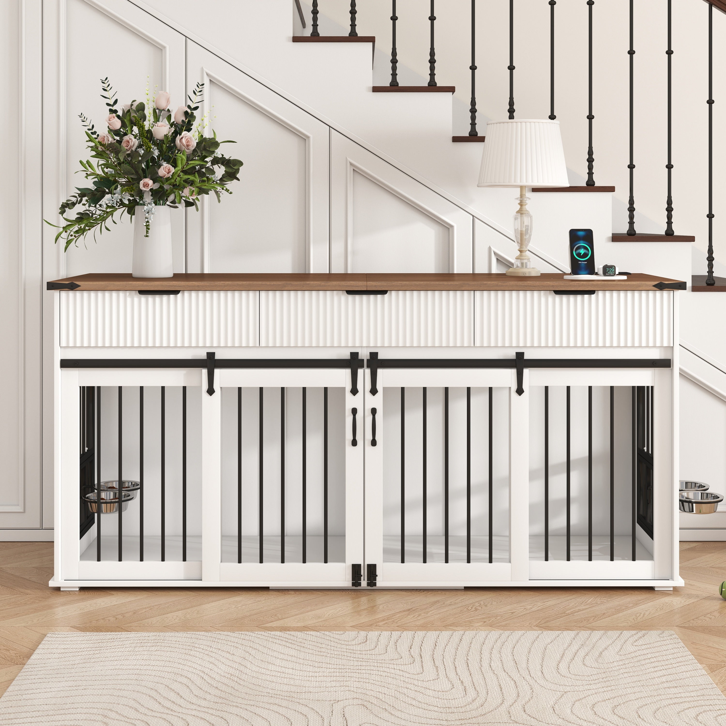 71" Double Dog Crate Furniture with Fluted Drawers, Feeders & Power Station