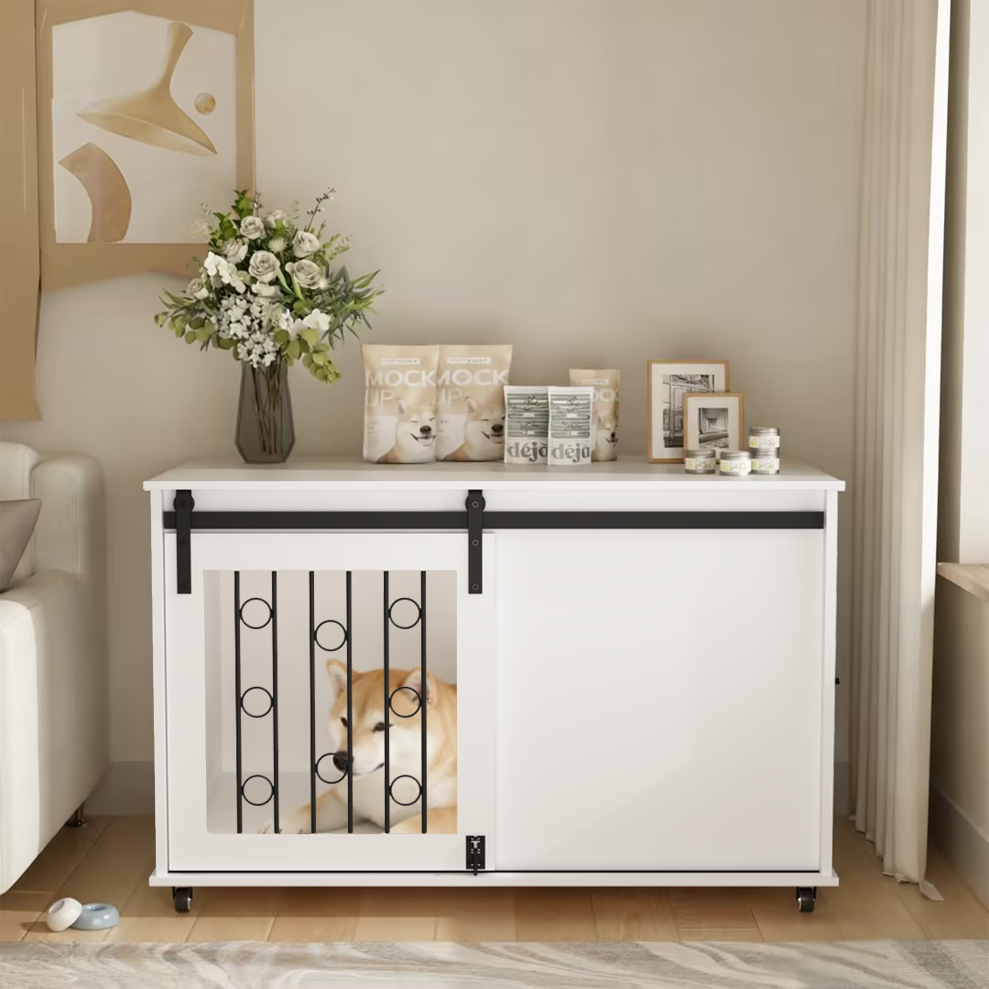 Modern Wooden Dog Crate Furniture with Sliding Barn Door – Indoor Pet Kennel
