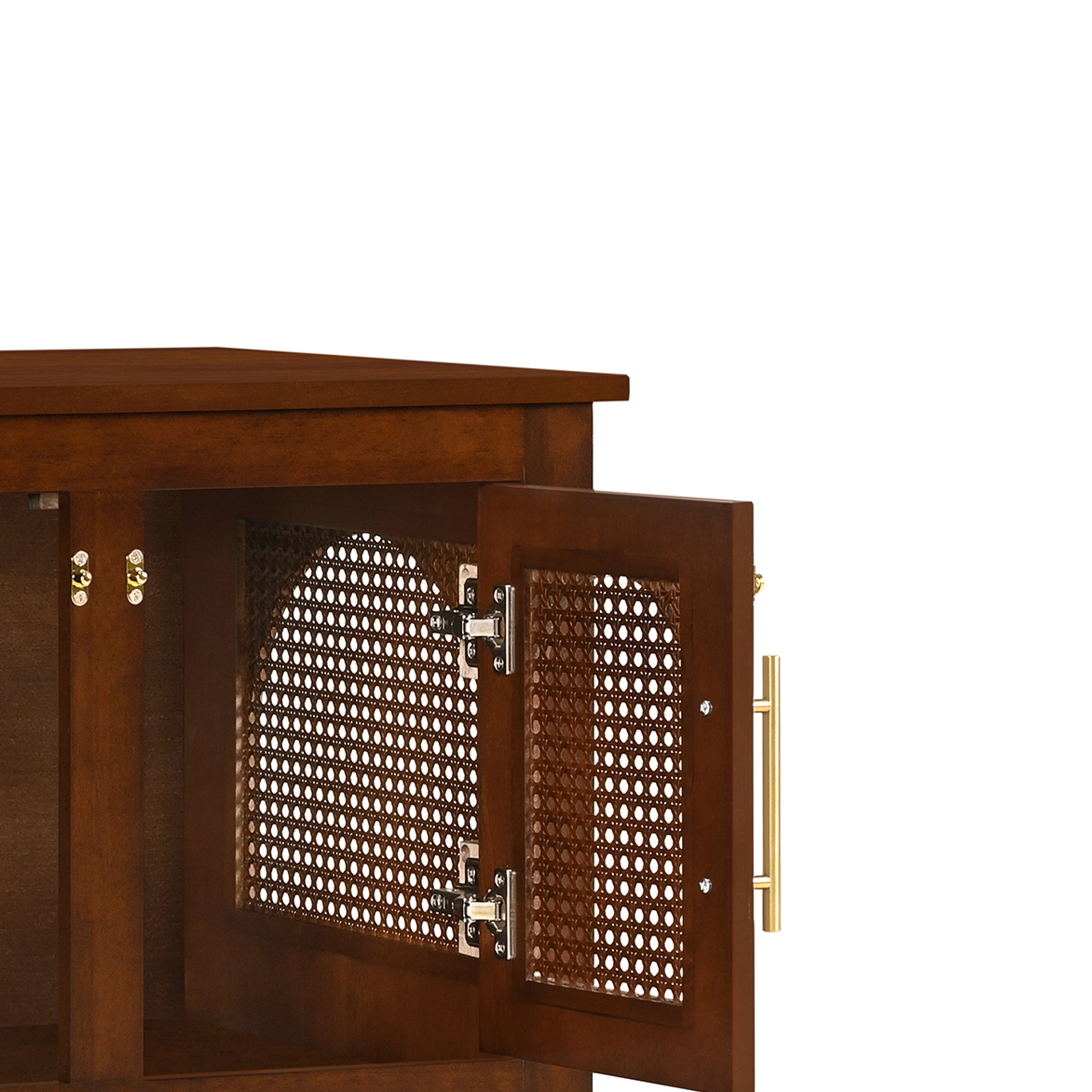Wooden cabinet with a perforated door on a white background