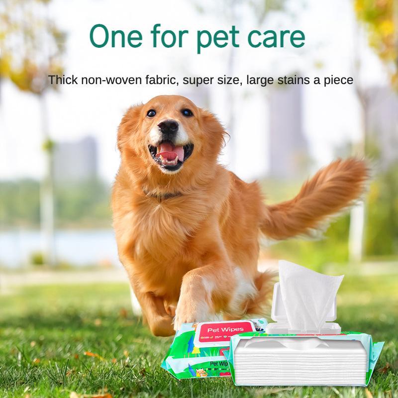 Dog running outdoors with pet care products including wipes and a thick non-woven fabric.