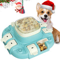 Dog puzzle toy with treats and a dog wearing a Santa hat on a white background
