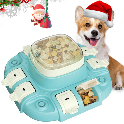 Dog puzzle toy with treats and a dog wearing a Santa hat on a white background