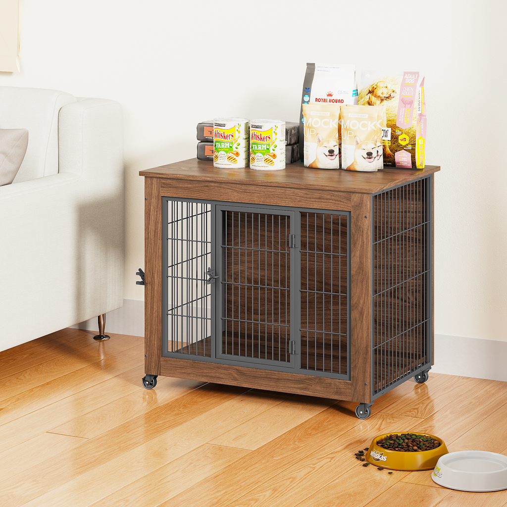 Wooden pet crate with wheels in a living room setting, containing pet food and supplies.