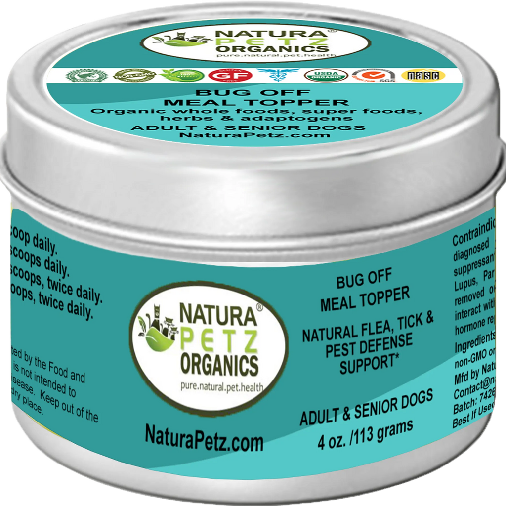 "Natura Petz Organics Bug Off Meal Topper - Organic Whole Foods, Super Foods, Herbs & Adaptogens for Flea, Tick & Pest Defense - Adult & Senior Dogs - 4 oz / 113g tin"