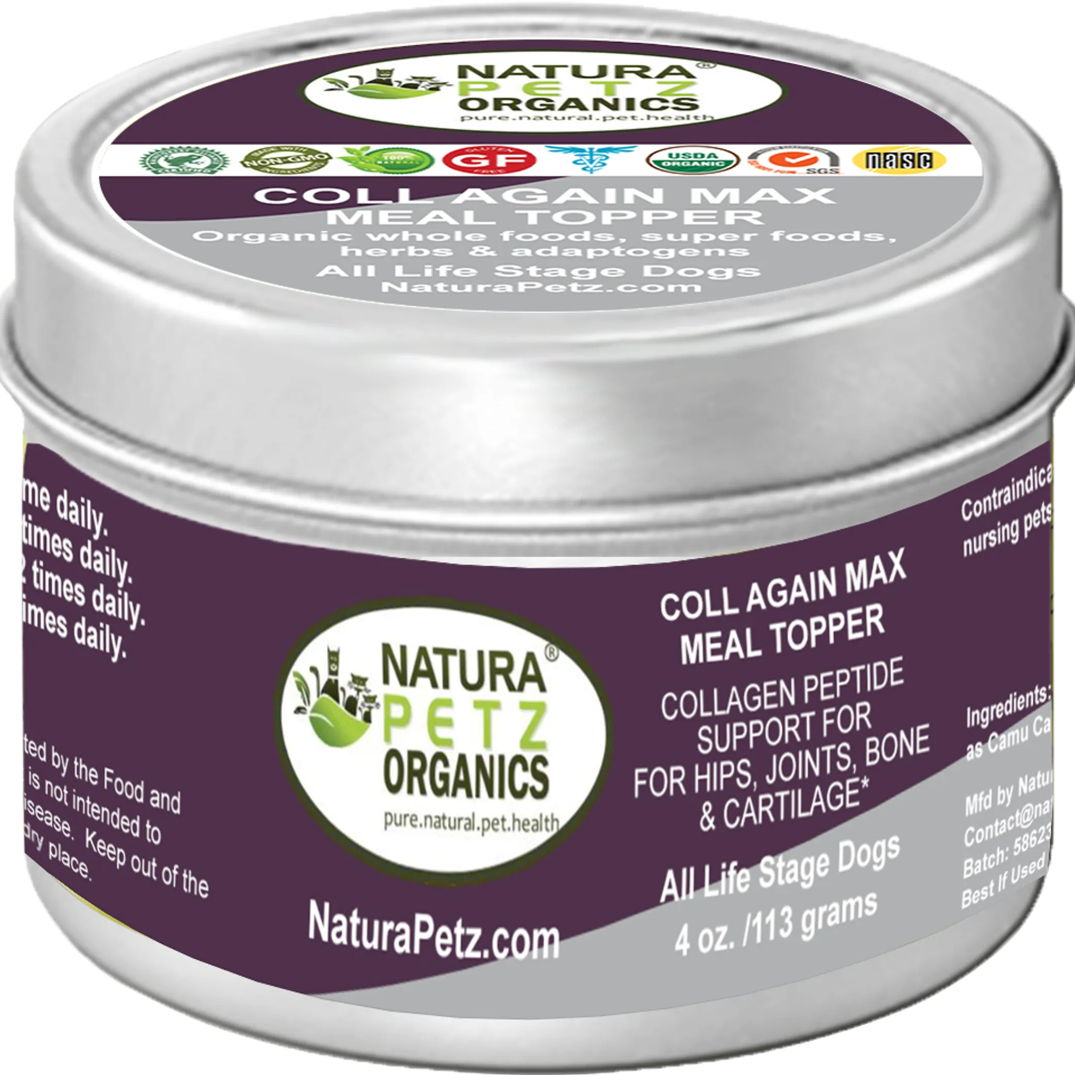 "Natura Petz Organics Coll Again Max Meal Topper - Collagen Peptide Support for Hips, Joints, Bone & Cartilage - All Life Stage Dogs & Cats - 4 oz / 113g tin"