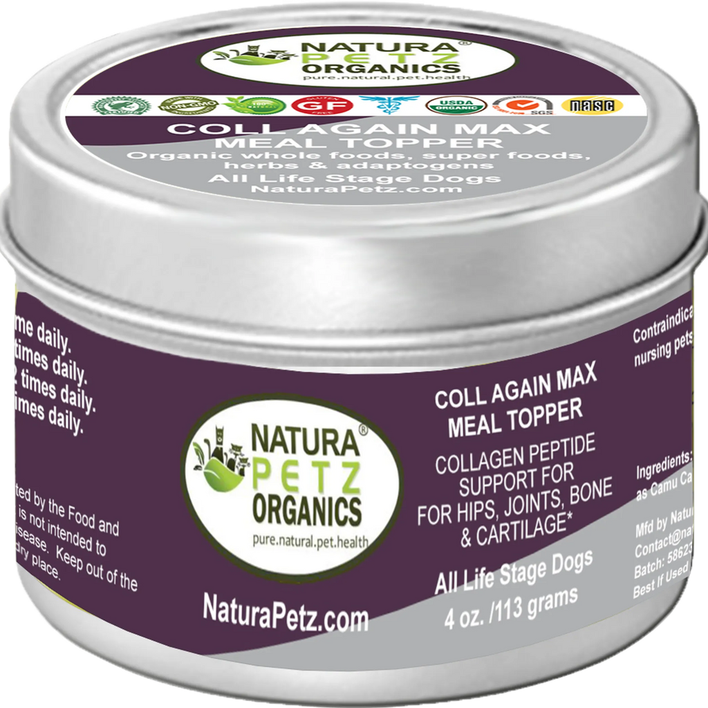 "Natura Petz Organics Coll Again Max Meal Topper - Collagen Peptide Support for Hips, Joints, Bone & Cartilage - All Life Stage Dogs & Cats - 4 oz / 113g tin"
