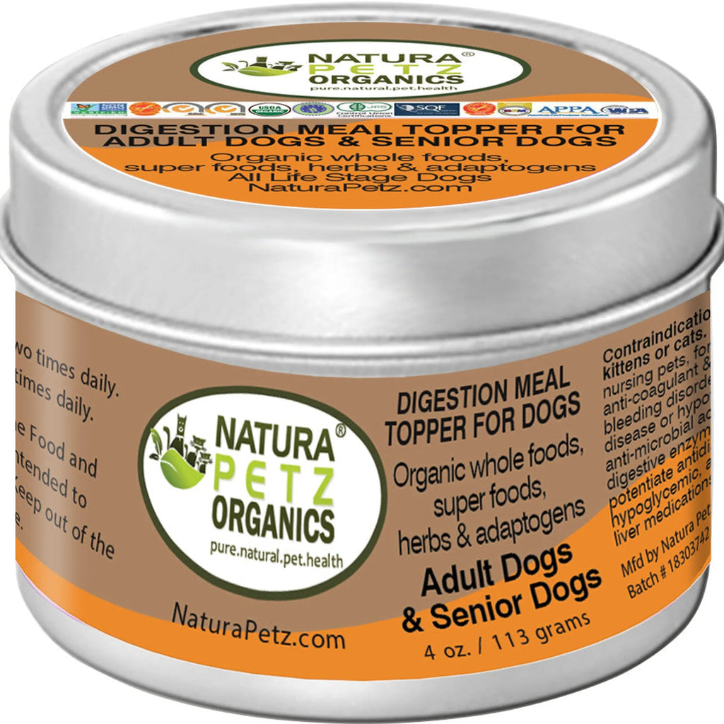 Natura Petz Organics Digestion Meal Topper for Adult Dogs & Senior Dogs - Organic Whole Foods, Super Foods, Herbs & Adaptogens - 4 oz / 113g tin