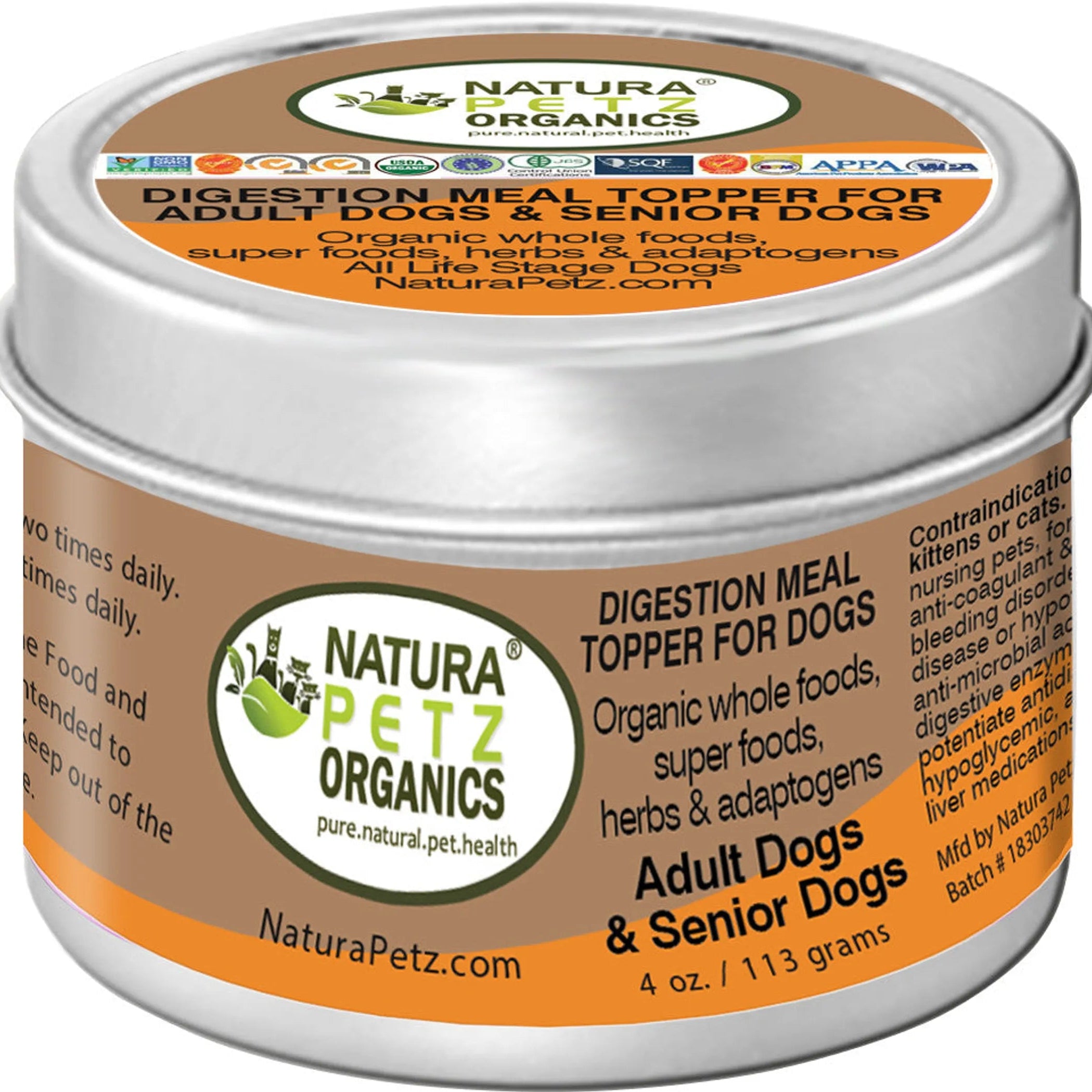 Natura Petz Organics Digestion Meal Topper for Adult Dogs & Senior Dogs - Organic Whole Foods, Super Foods, Herbs & Adaptogens - 4 oz / 113g tin
