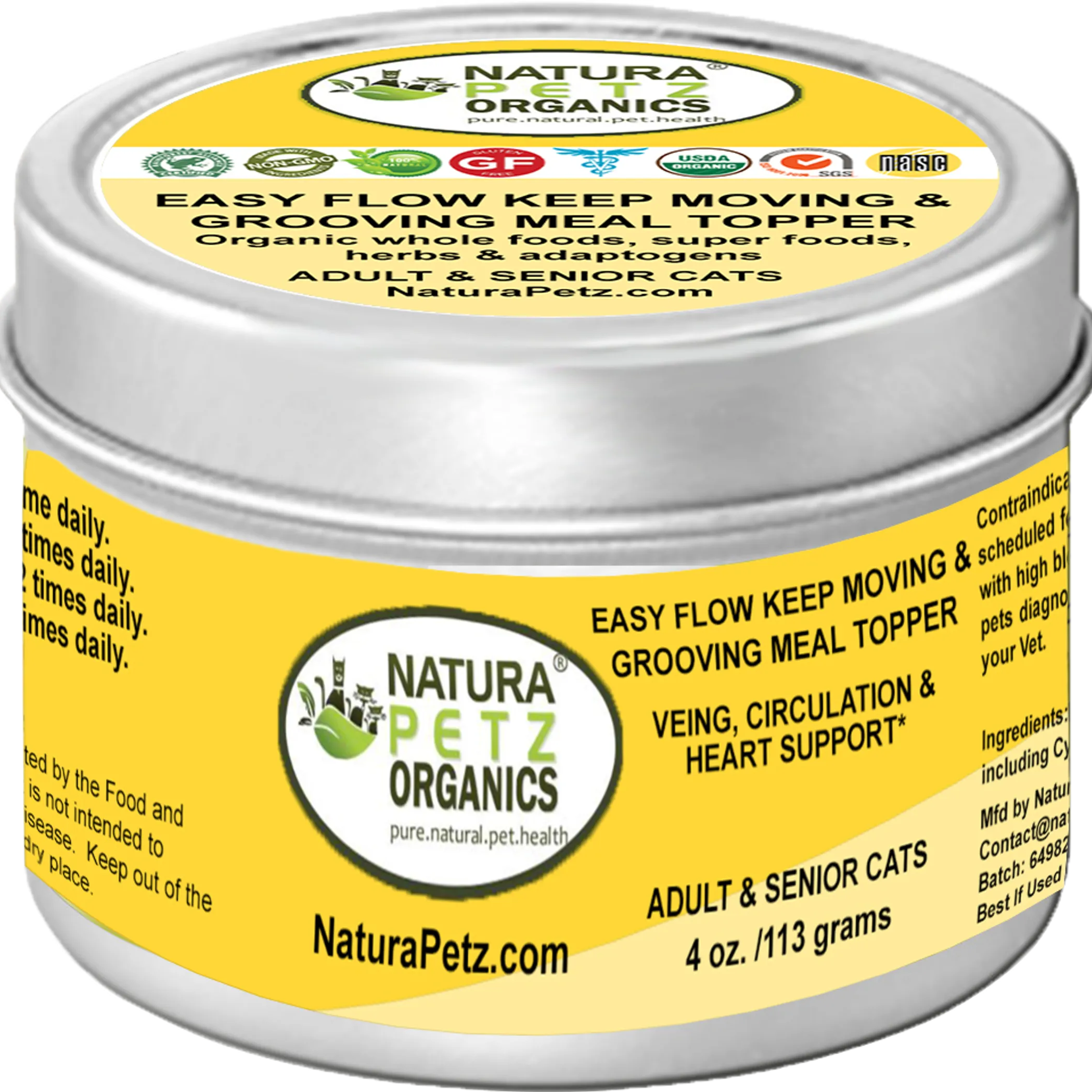 "Natura Petz Organics Easy Flow Keep Moving & Grooving Meal Topper for Adult & Senior Cats - Vein, Circulation & Heart Support - 4 oz / 113g tin"