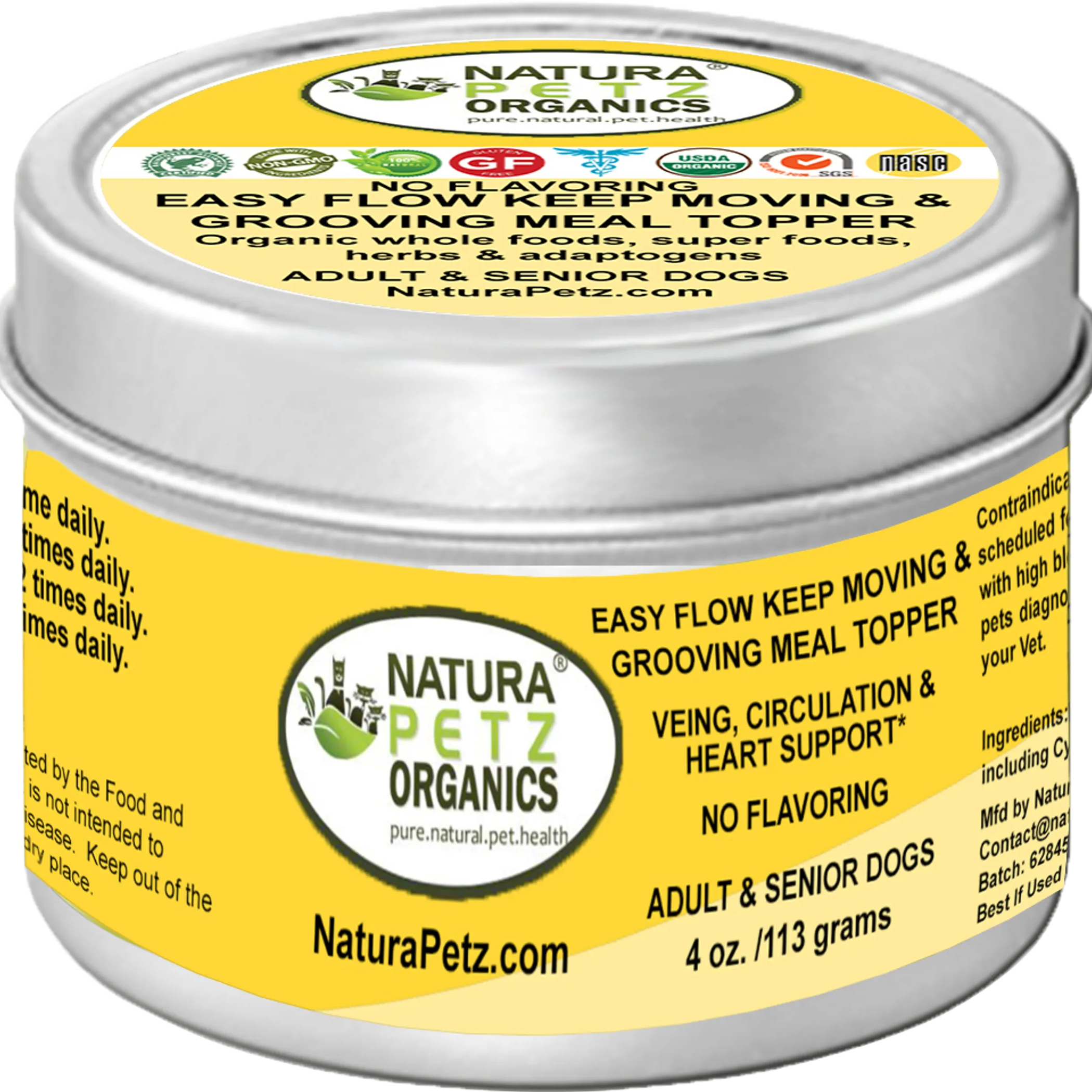 "Natura Petz Organics Easy Flow Keep Moving & Grooving Meal Topper for Adult & Senior Cats - Vein, Circulation & Heart Support - 4 oz / 113g tin"