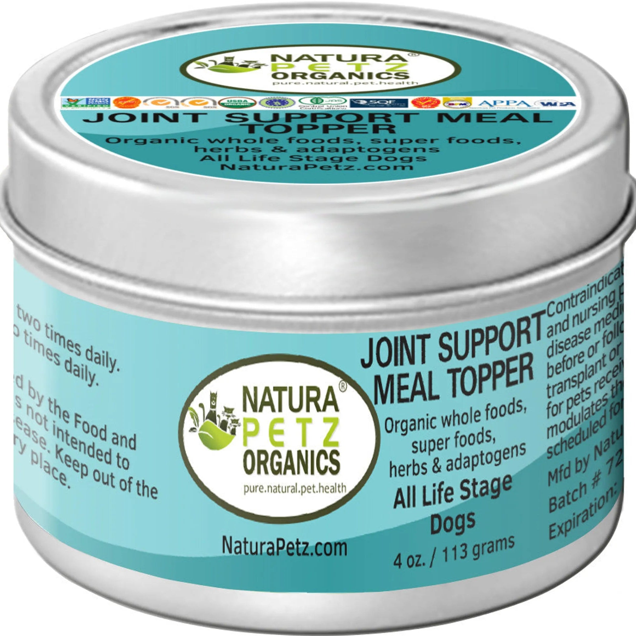 Natura Petz Organics Joint Support Meal Topper - Organic Whole Foods, Super Foods, Herbs & Adaptogens for All Life Stage Dogs - 4 oz / 113g tin