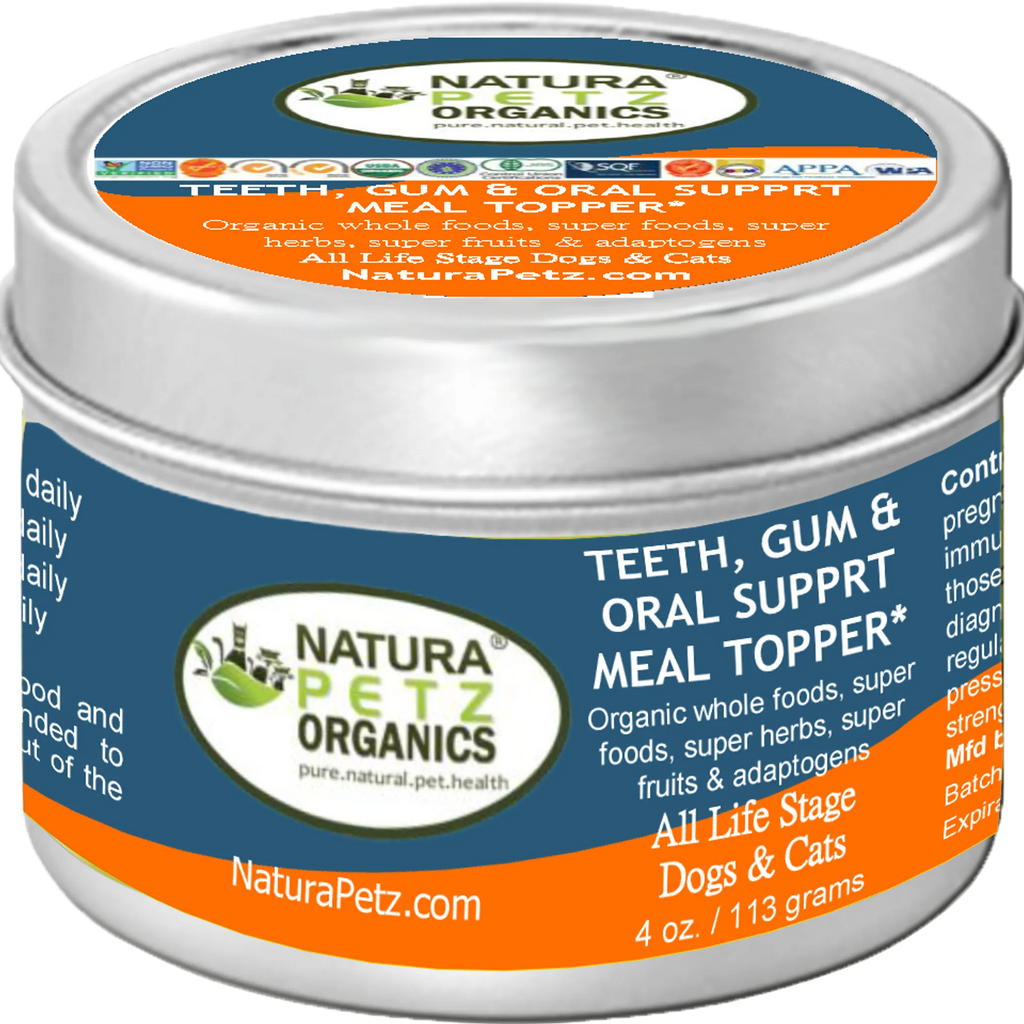 Natura Petz Organics Teeth, Gum & Oral Support Meal Topper - Organic Whole Foods, Super Foods, Super Herbs & Adaptogens for All Life Stage Dogs & Cats - 4 oz / 113g tin"