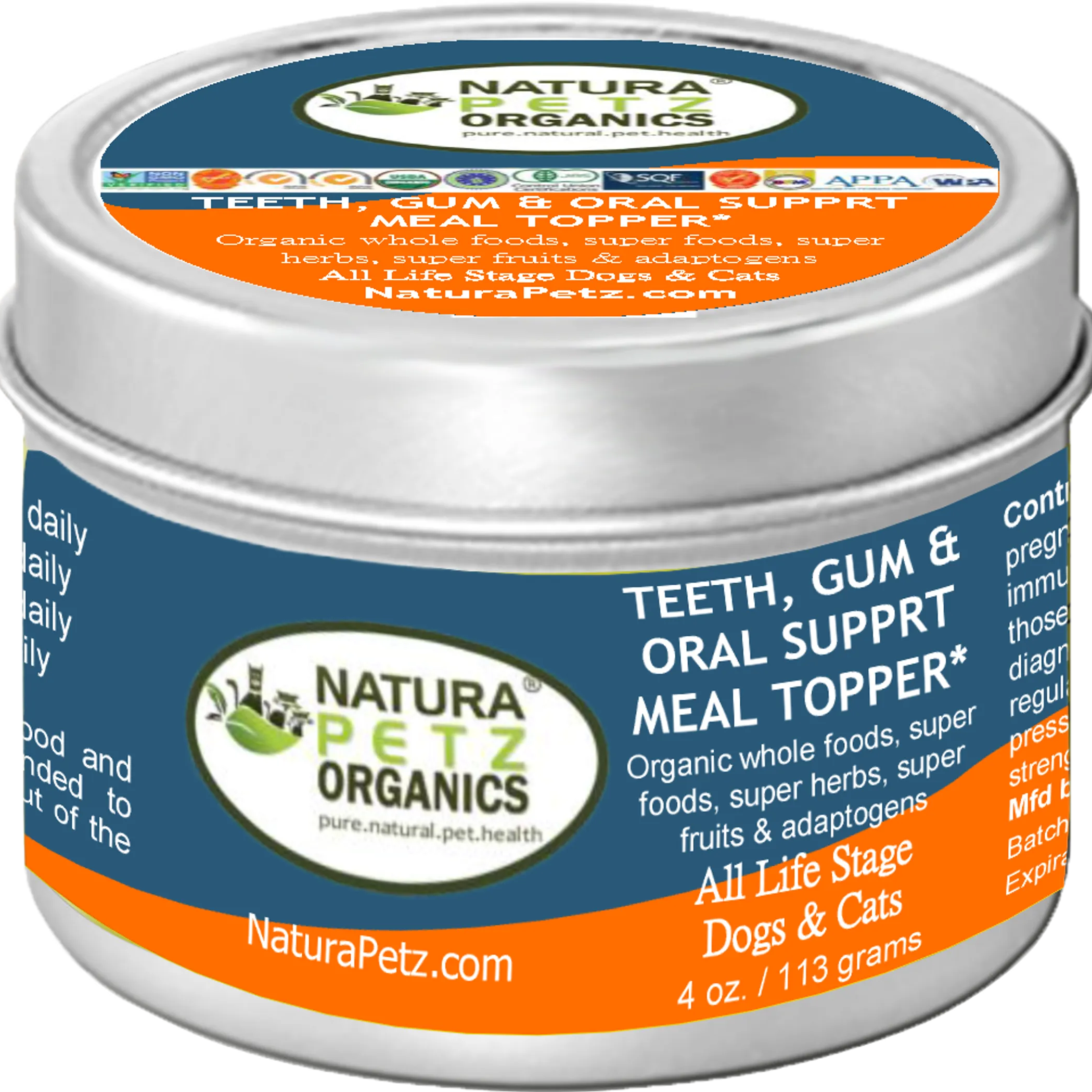 Natura Petz Organics Teeth, Gum & Oral Support Meal Topper - Organic Whole Foods, Super Foods, Super Herbs & Adaptogens for All Life Stage Dogs & Cats - 4 oz / 113g tin"