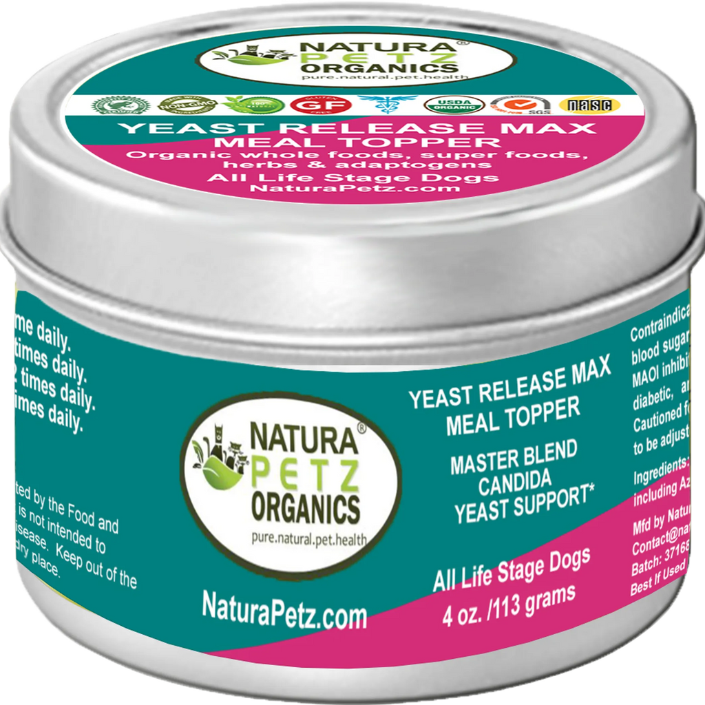 "Natura Petz Organics Yeast Release Max Meal Topper - Master Blend Candida Yeast Support for All Life Stage Dogs - 4 oz / 113g tin"