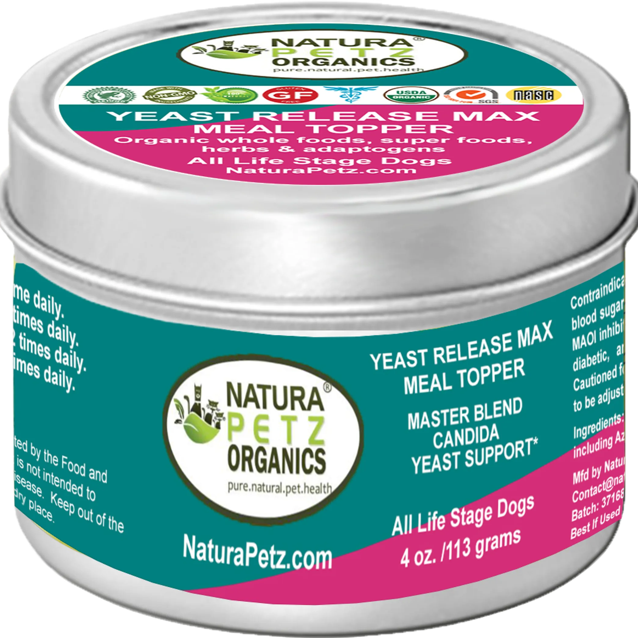 "Natura Petz Organics Yeast Release Max Meal Topper - Master Blend Candida Yeast Support for All Life Stage Dogs - 4 oz / 113g tin"