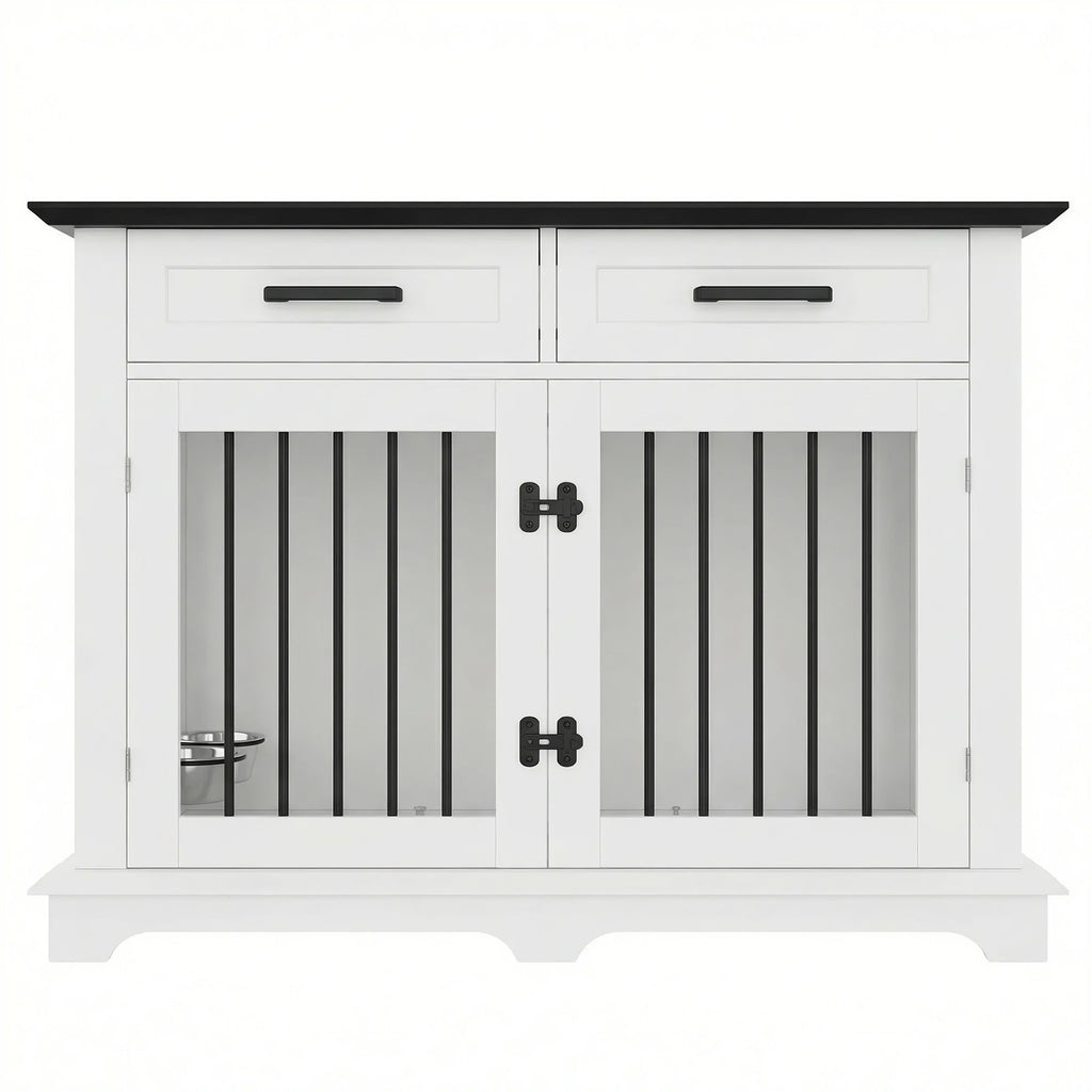 Wooden Dog Crate Furniture with Storage Drawers & Rotating Bowls – 44.48"