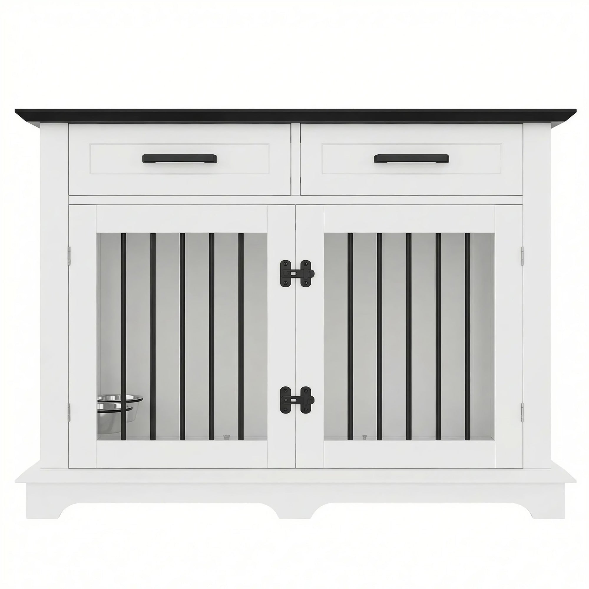 Wooden Dog Crate Furniture with Storage Drawers & Rotating Bowls – 44.48"