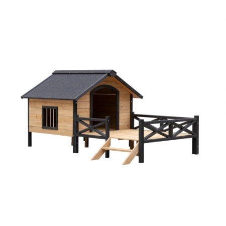 Wooden pet house with a gray roof on a white background