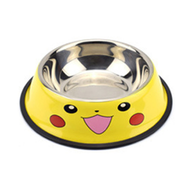 Yellow pet bowl with a cartoon face design on a white background