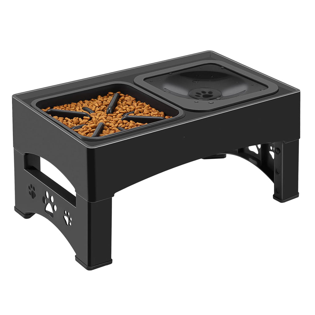 Black elevated pet feeder with two bowls on a white background