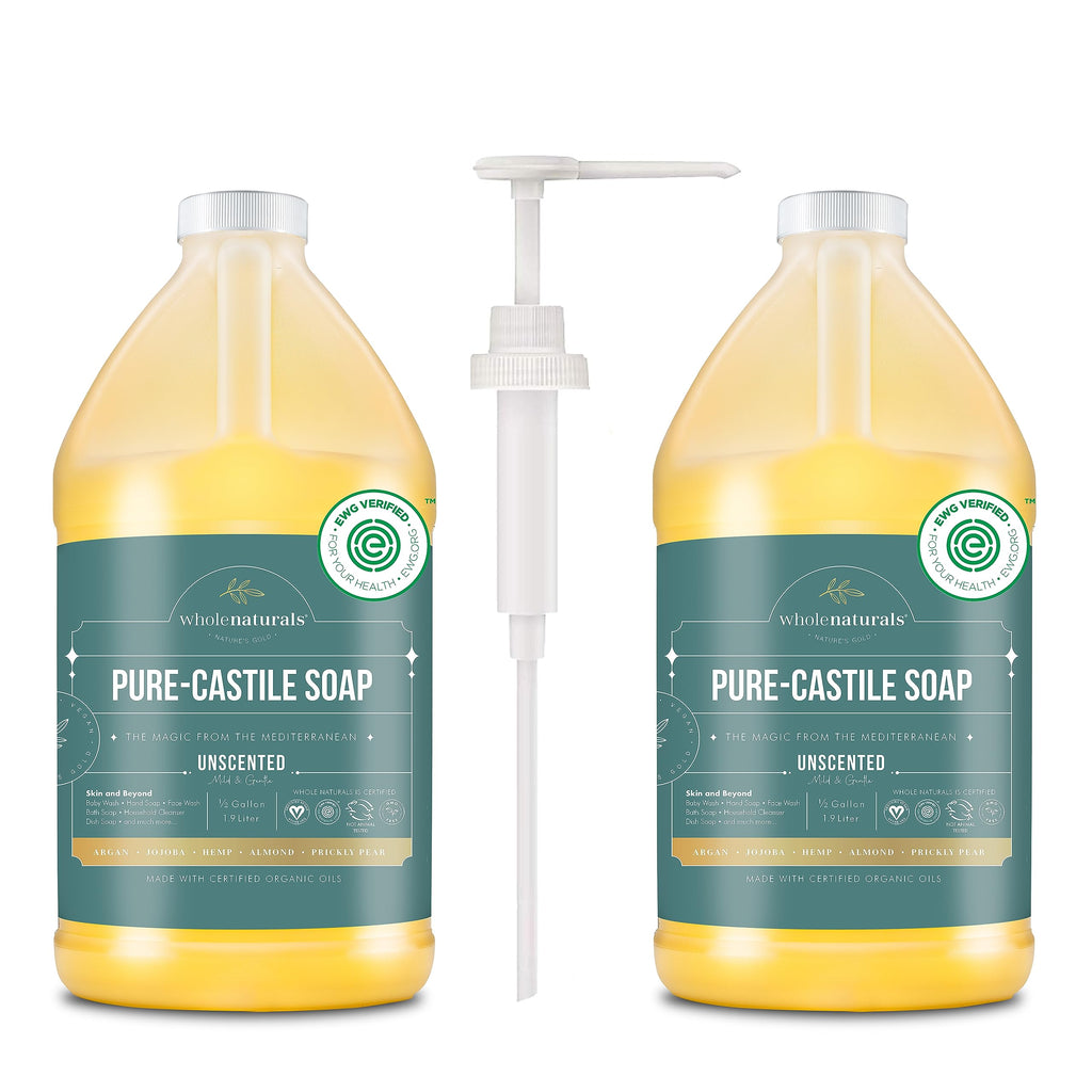 Two bottles of Pure-Castile Soap with a pump on a white background
