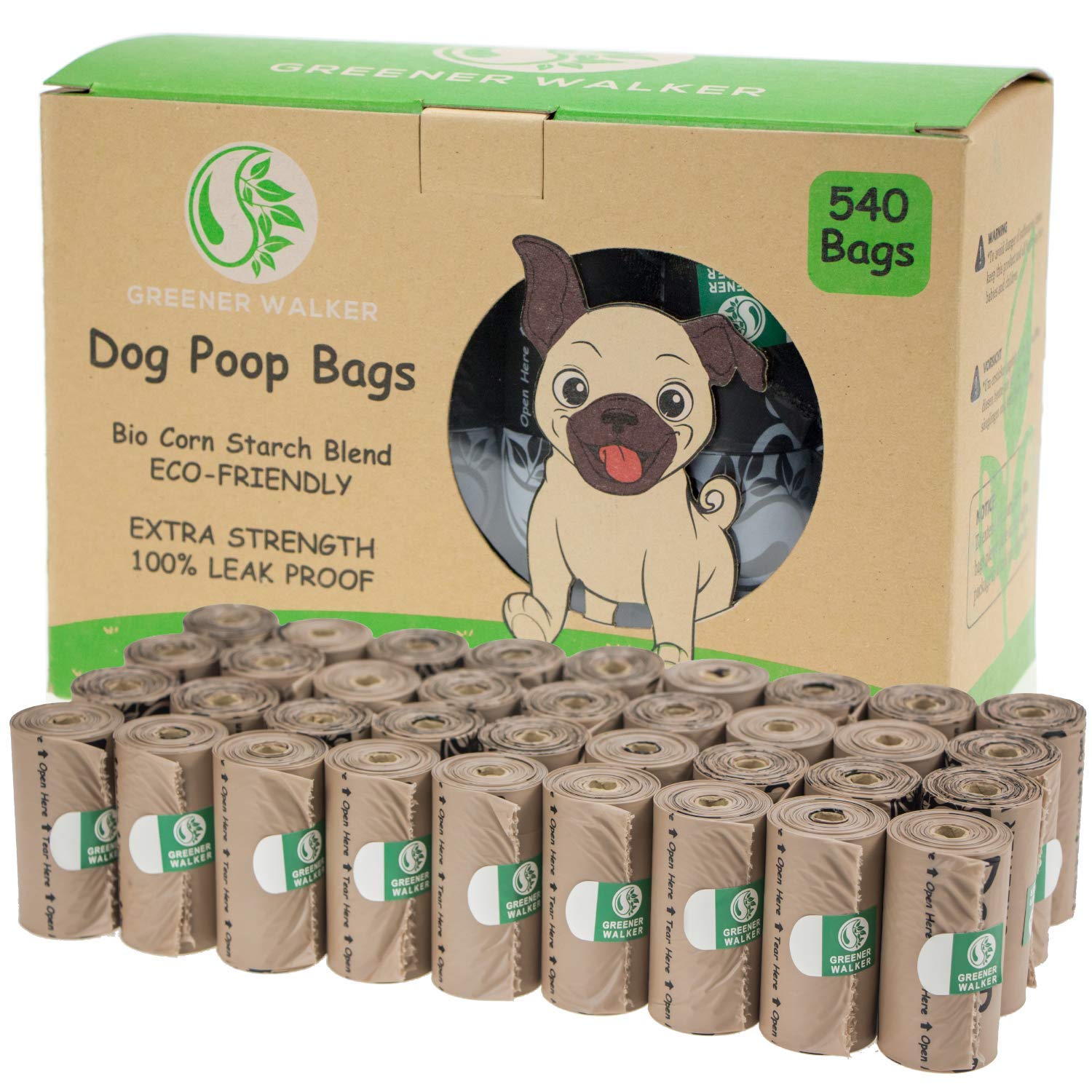 Box of Greener Walker dog poop bags with rolls displayed in front