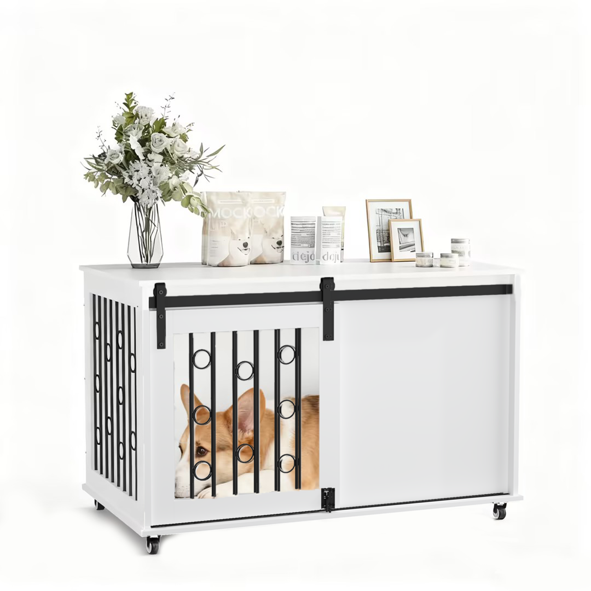 Modern Wooden Dog Crate Furniture with Sliding Barn Door – Indoor Pet Kennel
