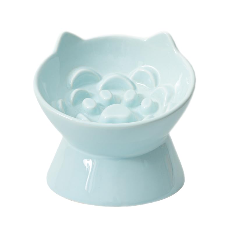 Light blue ceramic bowl shaped like a cat's face on a white background