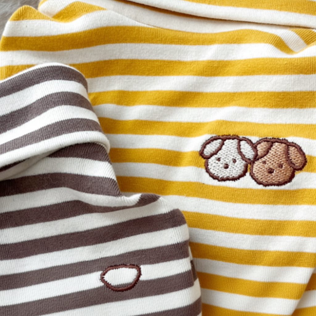 Yellow and white striped fabric with a brown dog embroidery on a gray background