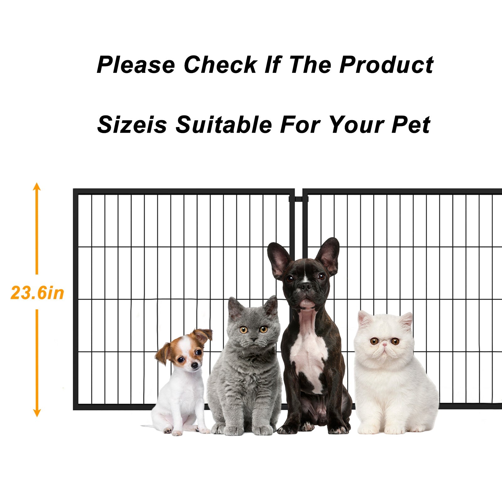 Pet gate with four pets inside, including two dogs and two cats, with a measurement label indicating 23.6 inches.
