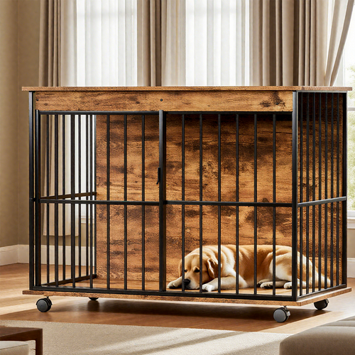 Wooden pet crate with metal bars in a room with curtains and a dog inside.
