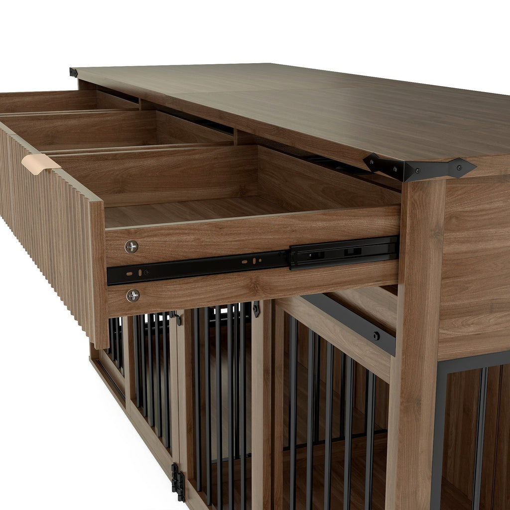 71" Double Dog Crate Furniture with Fluted Drawers, Feeders & Power Station