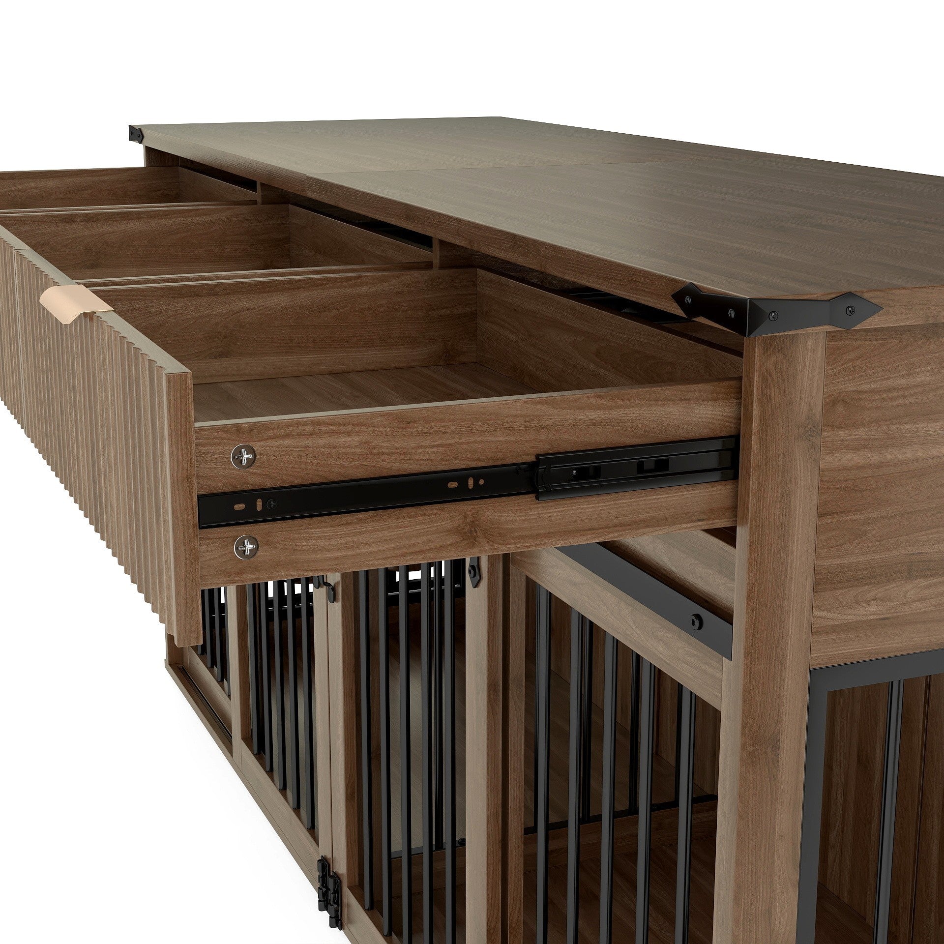 71" Double Dog Crate Furniture with Fluted Drawers, Feeders & Power Station